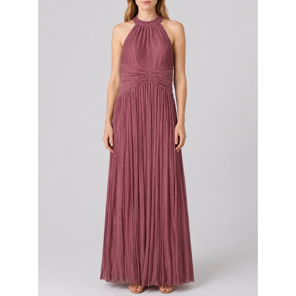 Ever-Pretty Pleated Halter Maxi Dress Womens 8 Mauve Shimmer Formal Gown Wedding
